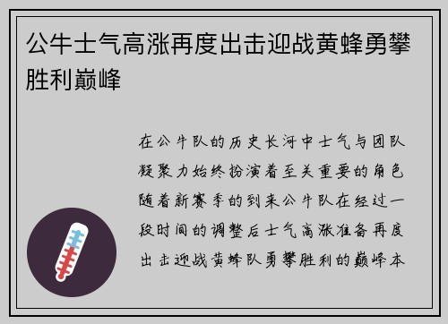 公牛士气高涨再度出击迎战黄蜂勇攀胜利巅峰