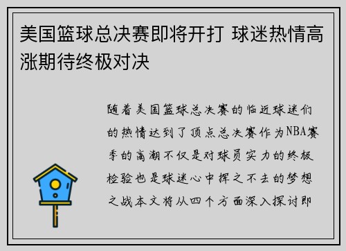 美国篮球总决赛即将开打 球迷热情高涨期待终极对决