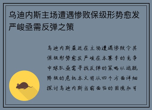 乌迪内斯主场遭遇惨败保级形势愈发严峻亟需反弹之策