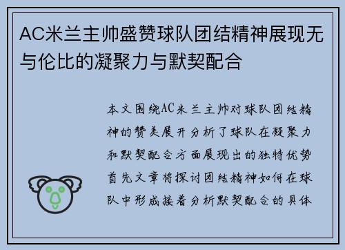 AC米兰主帅盛赞球队团结精神展现无与伦比的凝聚力与默契配合