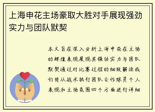 上海申花主场豪取大胜对手展现强劲实力与团队默契