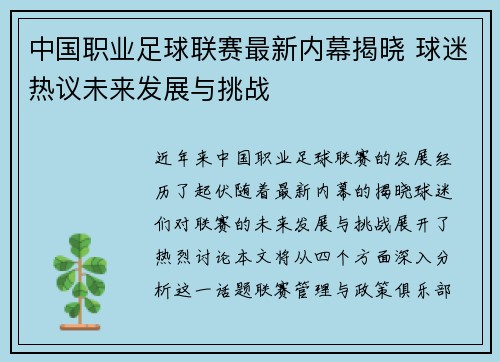 中国职业足球联赛最新内幕揭晓 球迷热议未来发展与挑战