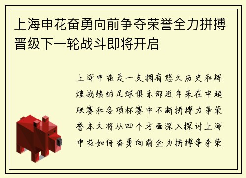 上海申花奋勇向前争夺荣誉全力拼搏晋级下一轮战斗即将开启