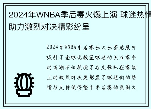 2024年WNBA季后赛火爆上演 球迷热情助力激烈对决精彩纷呈