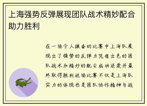 上海强势反弹展现团队战术精妙配合助力胜利