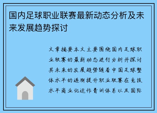 国内足球职业联赛最新动态分析及未来发展趋势探讨