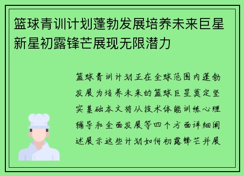 篮球青训计划蓬勃发展培养未来巨星新星初露锋芒展现无限潜力