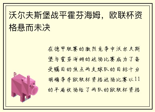 沃尔夫斯堡战平霍芬海姆，欧联杯资格悬而未决