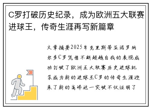 C罗打破历史纪录，成为欧洲五大联赛进球王，传奇生涯再写新篇章